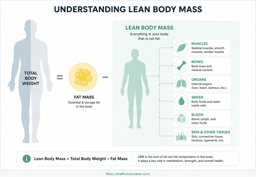 11:18 AMClaude responded: Lean body mass infographic showing LBM components: muscles, bones, organs, water, blood, and skinLean body mass infographic showing LBM components: muscles, bones, organs, water, blood, and skin