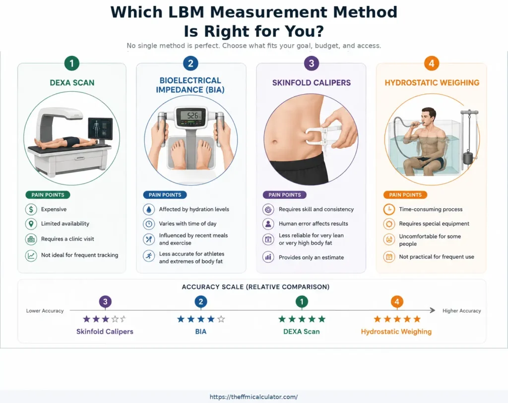 How to measure lean body mass: DEXA scan, BIA, skinfold calipers, and hydrostatic weighing compared by accuracy
