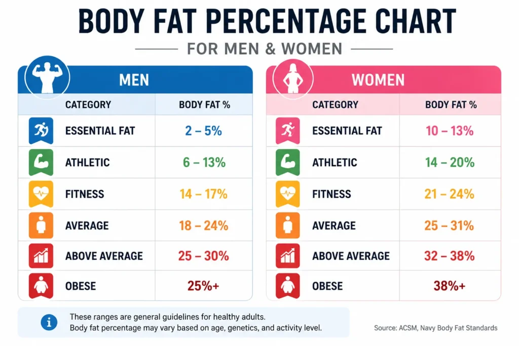 Body fat percentage chart for men and women by category