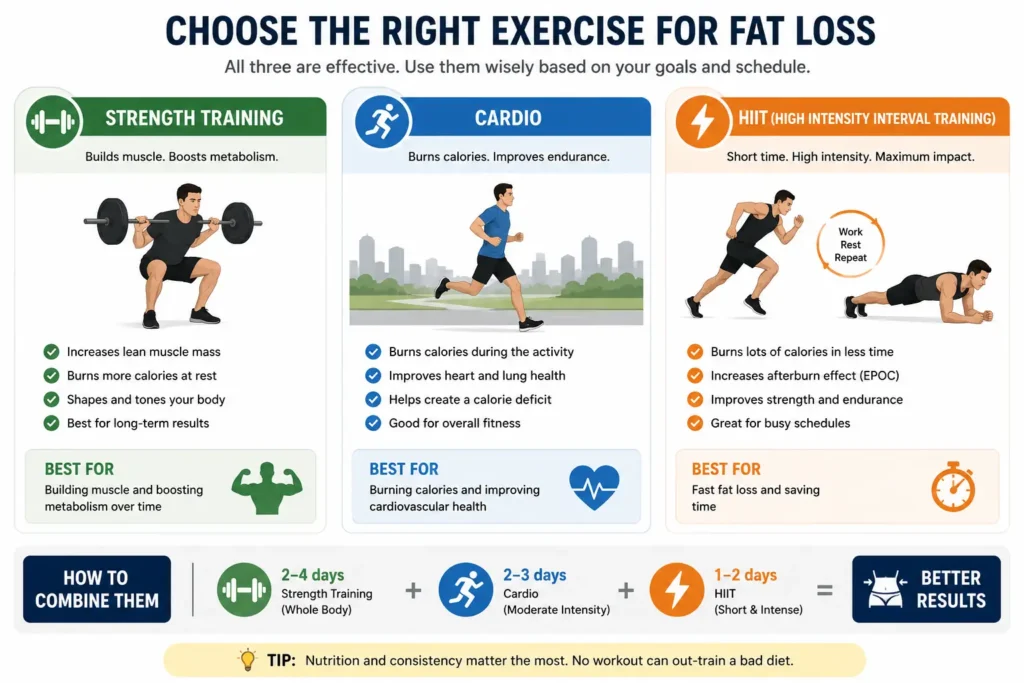 Strength training vs cardio vs HIIT for body fat loss comparison