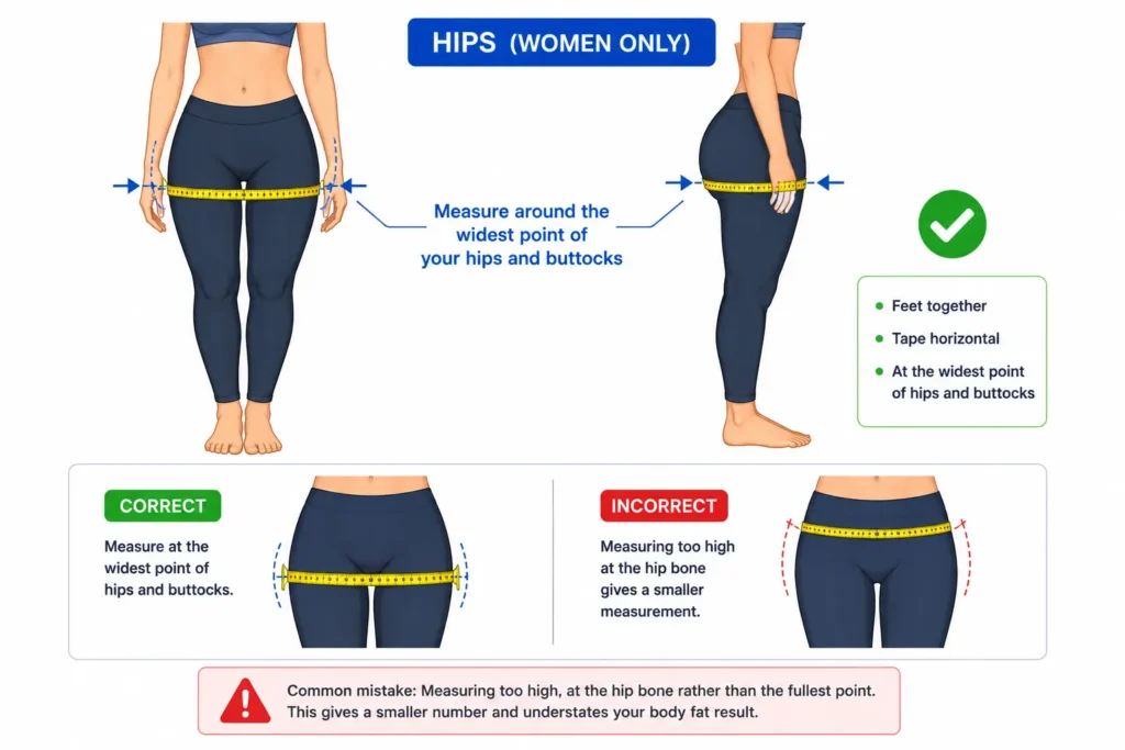 How to measure hips correct vs incorrect placement at widest point for women