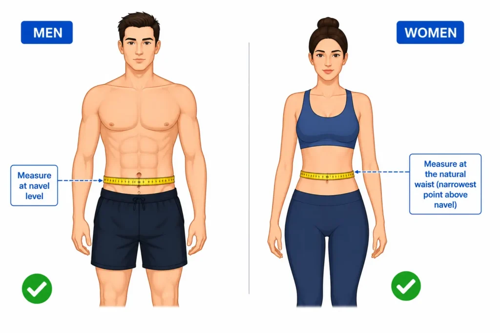 Correct waist measurement points men at navel level, women at narrowest point above navel
