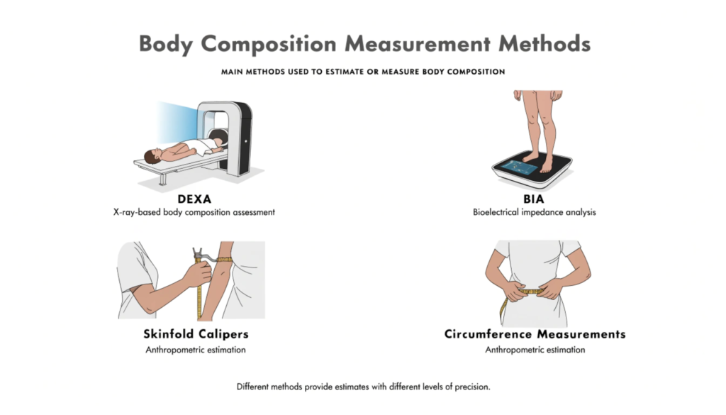 Methods used to measure body composition including DEXA and BIA