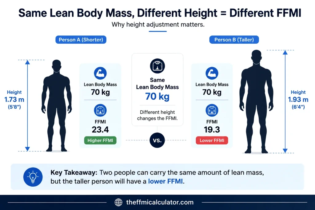 Same lean body mass producing different FFMI scores at different heights