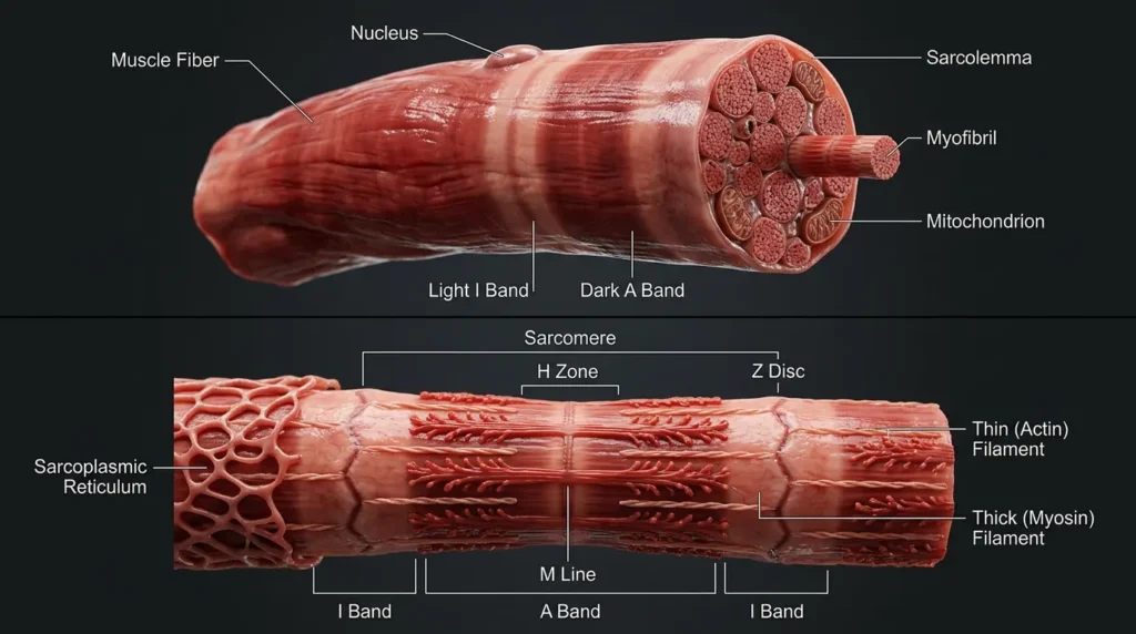 Realistic diagram of a muscle fiber showing sarcomere structure with actin and myosin filaments