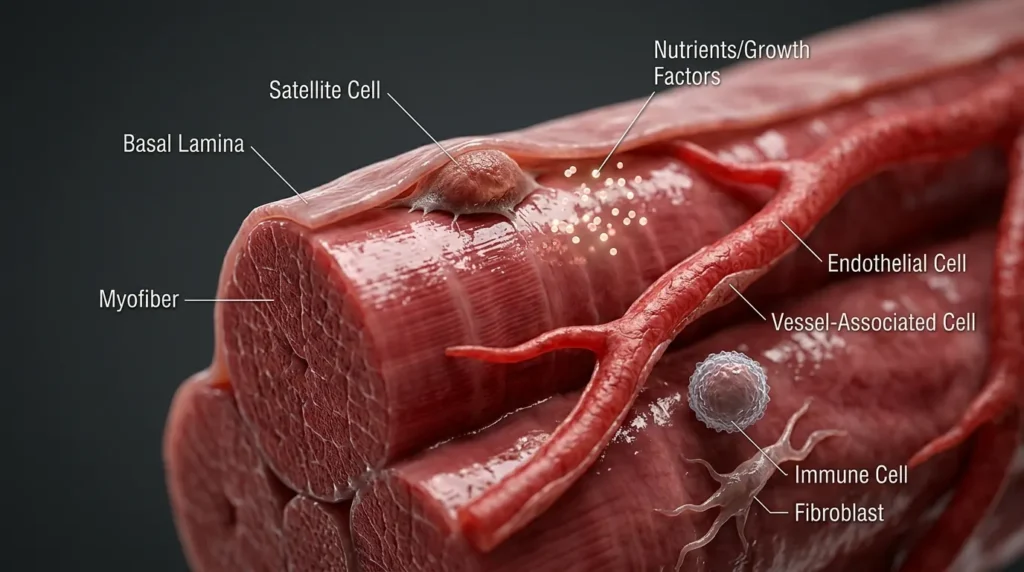 Realistic illustration of a satellite cell on a muscle fiber, linked to muscle memory and repair