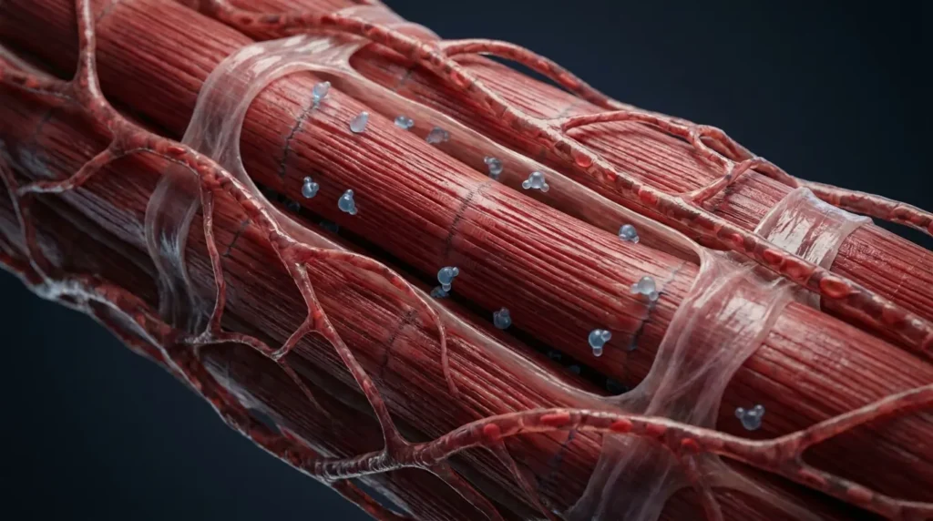 skeletal muscle fibers and connective tissue with water molecules