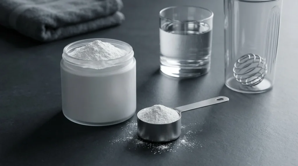 Creatine monohydrate powder with a measuring scoop, water glass, and shaker bottle